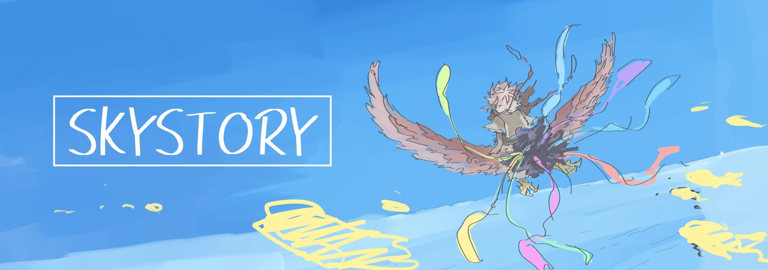 Wide SKYSTORY artwork showing the logo and a boy and his companion flying through the sky